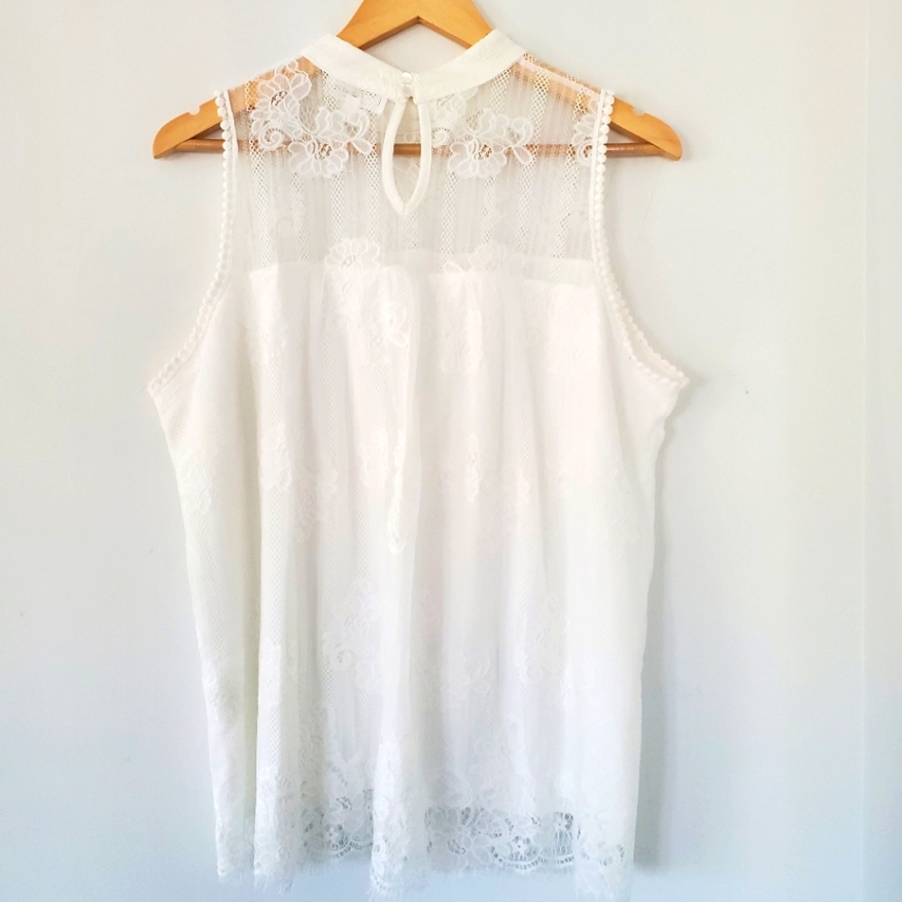 EVE & MADDIE XL White Lace Overlay Halter High Neck Sheer Top Crochet Romantic - Picture 6 of 13